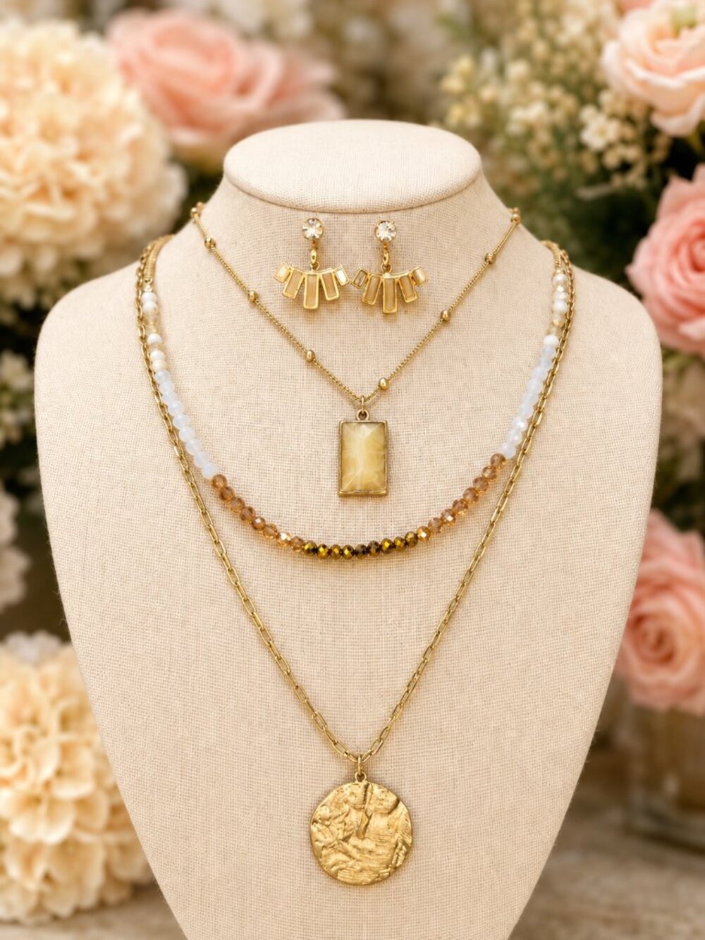 Lydell NYC Gold-Tone Layered Mixed-Media Statement Necklace & Earring Set